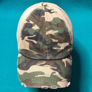 Kbethos Ponytail Cap Distressed Camouflage Print w Khaki Net Back